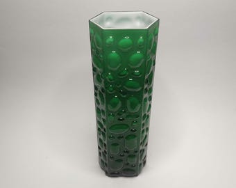 rare Eastern European 1960s 1970s cased glass hexagonal modernist cased glass vase 3 layers blown in wooden mold green white clear