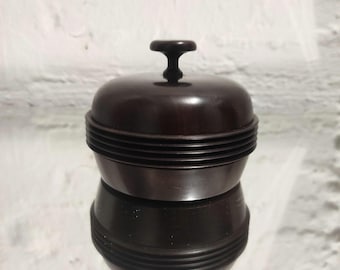Beautiful teak wood Art Deco style lidded box, spice box, jewelry box, probably 1960s, Ø 10 cm