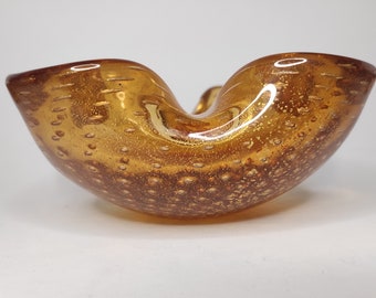 Bullicante glass bowl Barovier & Toso Murano amber with gold leaf / ashtray
