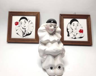 Set of 2 ceramic Pierrot Harlequin figures in wooden frames, France, 1970s, 13x13x1.2 cm, and 1 ceramic Pierrot figure, 1980s, Toronto, 13 cm