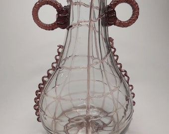 Seltene Vase von Gordiola mit Fadendekor Höhe 20,5 cm ø 12 cm 650 g Henkelvase rosa rubinrot