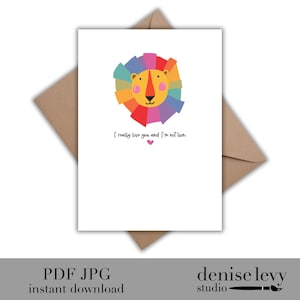Carte colorée de lion, carte de lion, carte de t'aime, carte de téléchargement immédiat
