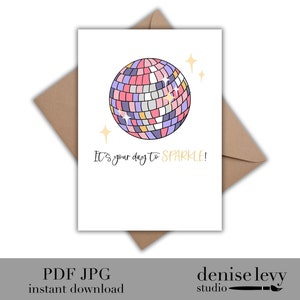 Afdrukbare Celebration Card, Disco Ball Card, Verjaardagskaart, Discoballen, Vierkaart, Sparkle, Gefeliciteerd