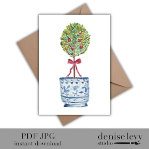 Afdrukbare blauw-witte plantenbak met vormsnoei, kerstkaart, blauw en wit, harten, traditionele kerstkaart, direct downloaden