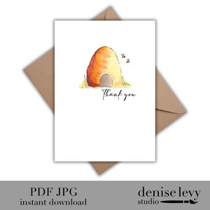 Afdrukbare dank u kaart, wenskaart, dank u kaart, Bee Hive Card, bijen, aquarel
