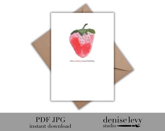 Strawberry Birthday Card: Watercolor Berry Sweet Design (Digital Download)