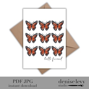Tarjeta de mariposa monarca imprimible, tarjeta de felicitación hola, mariposas, tarjeta de agradecimiento, descarga instantánea
