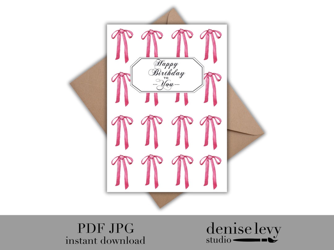 Watercolor Pink Bows Birthday Card - Coquette Printable (PDF/JPG) - Etsy
