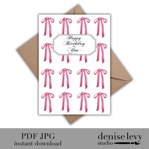 Printable Birthday Card, Coquette Card, Birthday Card, Pink Bows, Watercolor, Coquette
