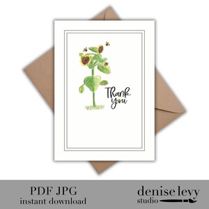 Sunflower Thank You Card: Watercolor Bees (Instant Download)