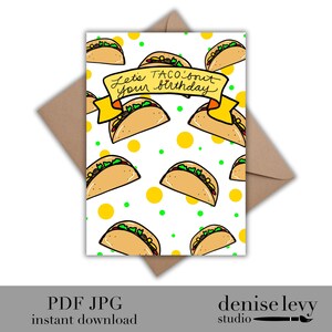 Cartão de aniversário para impressão, cartão de aniversário taco, cartão de aniversário, cartão de aniversário engraçado, cartão caprichoso
