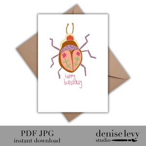 Printable Birthday Card, Birthday Card, Beetle Birthday Card, Whimsical Birthday Card, Modern Birthday, Summer Birthday
