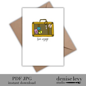 Cartão Bon Voyage para impressão, cartão de viagem, cartão de boa sorte, mala, cartão caprichoso, cartão para download instantâneo