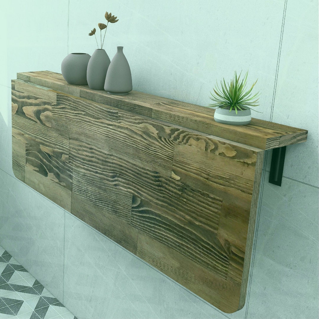 Dark Walnut Solid Wood Wall Mounted Table With Fixed Shelves,wood ...