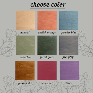May include: Image showing nine color options for a product. The colors include natural, pinkish orange, powder blue, pistachio, forest green, just grey, pecan nut, amarant, and lilac. The text "choose color" is at the top.
