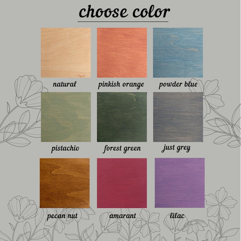 May include: Image showing nine color options for a product. The colors include natural, pinkish orange, powder blue, pistachio, forest green, just grey, pecan nut, amarant, and lilac. The text "choose color" is at the top.