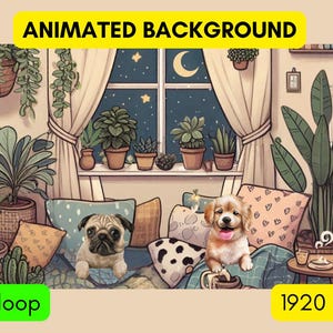 以下が含まれることがあります： 窓、ソファ、2匹の犬のある居心地の良いリビングルームをフィーチャーしたアニメーションの背景。部屋は植物、枕、ランプで飾られています。背景はシームレスループです。