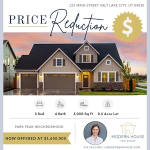 May include: Real estate advertisement featuring a two-story house with a Price Reduction. The house has a beige exterior, black roof, and a two-car garage. The ad includes details: 5 beds, 4 baths, 5,000 sq ft, and a 0.5-acre lot. The neighborhood is Park Peak.