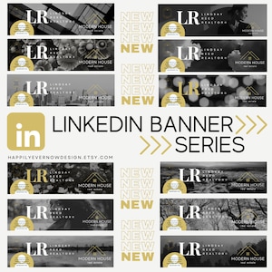 May include: A black and white image with a gold and white logo that says "LR Lindsay Reed Realtors" and the text "Modern House Real Estate". The image is a banner for LinkedIn and says "LinkedIn Banner Series" in gold text.