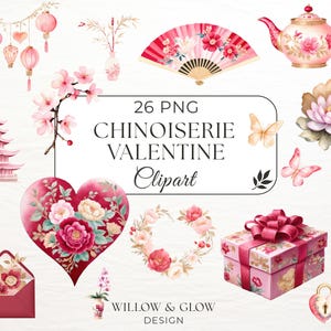Chinoiserie Valentine Clipart Pack - 26 Watercolor Pink Florals, Vases, Envelopes & Romantic Designs - Chinoiserie PNGs - Commercial Use