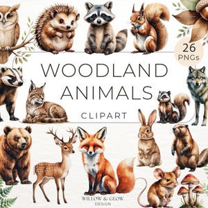 Woodland Animals Clipart Pack - 26 Watercolor Forest Creatures & Cute Animal PNGs - Fox, Bear, Deer, Squirrel, Hedgehog and Nature Clipart