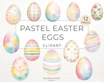 Pacote de Clipart de Ovos de Páscoa em Tons Pastel - 12 Imagens PNG de Ovos de Páscoa Florais em Aquarela - Decorações Fofas de Páscoa para a Primavera