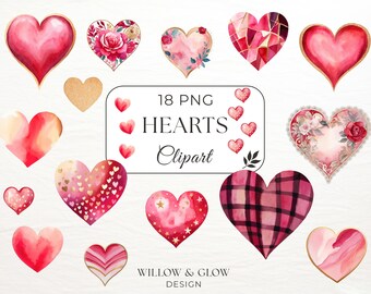 Hearts Clipart Pack - 18 Watercolor Floral, Pink & Red Hearts - Romantic Valentine Heart PNGs - Commercial Use - Instant Download