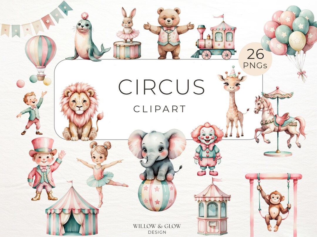 Watercolor Circus Clipart Pack - 26 Whimsical Animals, Clown & Pastel ...