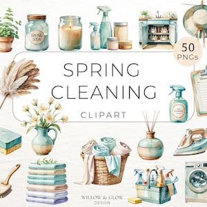 Spring Cleaning Clipart Pack - 50 Watercolor Cleaning Tools, Laundry and Organizing Graphics - Housework & Chore PNGs