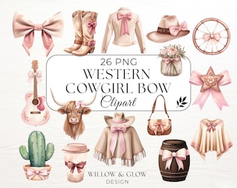 Western Cowgirl Bow Clipart - 26 Western PNG - Coquette Cowgirl Aesthetic - Cowgirl Hat, Boots, Poncho, Highland Cow, Country Girl Clipart