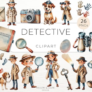 Watercolor Detective Clipart Pack - 26 Mystery and Spy Graphics - Magnifying Glass, Tools & Secret Agent PNGs for Crime Scenes