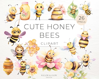Honey Bees Clipart Pack, Watercolor Bees, Honeycombs, Jars, Cute Bumble Bees, Beehives and Spring Floral PNGs, Commercial Use