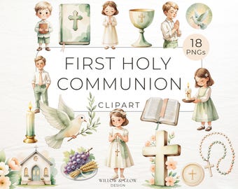 First Holy Communion Clipart Pack - 18 Watercolor Girls, Boys & Religious Symbols - Catholic Communion PNGs for Invitations