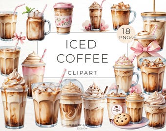 Iced Coffee Clipart Pack - 18 Watercolor Iced Coffee Cups, Glasses & Summer Drinks - Cute Beverage PNGs for Coffee Lovers