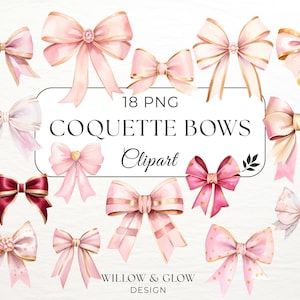 Coquette Bow Clipart Pack - 18 Watercolor Pink Ribbons & Cute Bows - Romantic Valentine Coquette PNGs - Commercial Use - Instant Download