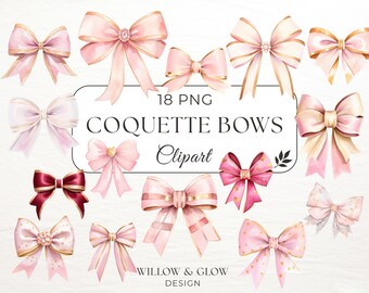 Coquette Bow Clipart Pack - 18 Watercolor Pink Ribbons & Cute Bows - Romantic Valentine Coquette PNGs - Commercial Use - Instant Download