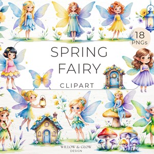 Pacchetto Clipart di Fate di Primavera - 18 Fate dei Fiori ad Acquerello, Funghi e Casette da Giardino - Carini PNG di Primavera
