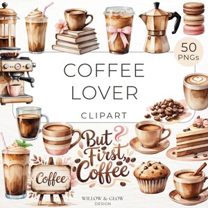 コーヒー好きのためのクリップアートパック、水彩画風のコーヒーカップ、マグカップ、マフィン、コーヒーポット、コーヒー豆など50点、居心地の良いボヘミアン風コーヒーショップのPNG画像