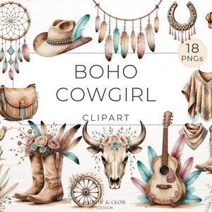 May include: Boho Cowgirl Clipart - 18 watercolour illustrations featuring a cow skull, guitar, cowboy hat, boots, feathers, dreamcatcher, cactus, and more.