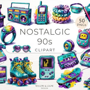 Nostalgic 90s Clipart Pack - 50 Watercolor Retro Y2K Graphics - Cassette Tapes, Roller Skates & 90s Aesthetic PNGs - Commercial Use
