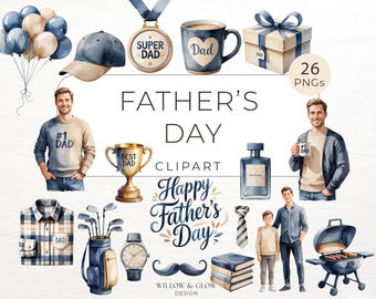 Father’s Day Clipart Pack - 26 Watercolor Dads, Kids and Family Moments - Father & Son PNGs, Best Dad Ever Graphics
