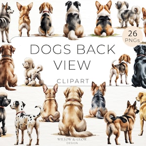 Hund Clipart von Rucksack | 26 Aquarell Hunderassen in Rückansicht | Labrador, Französische Bulldogge, Golden Retriever, Beagle, Dalmatiner PNGs