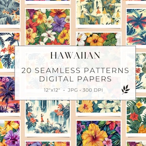 Hawaiian Seamless Pattern Digital Paper Set - Tropical Pattern Wallpaper - Summer Seamless Pattern - Watercolor Paper - Digital Scrapbook