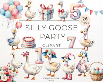 Paquete de imágenes prediseñadas de fiesta de gansos divertidos: 26 diseños divertidos de gansos y cumpleaños de primavera en acuarela - Imágenes PNG de animales lindos y para baby shower