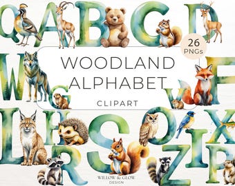 Woodland Alphabet Clipart Pack - 26 Watercolor ABC Letters with Woodland Animals - Nursery Forest Creatures PNGs - Fox, Bear, Deer, Wolf