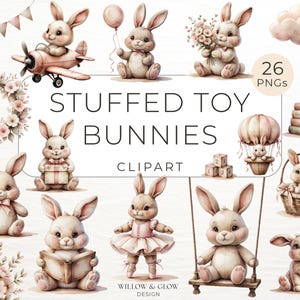 Stofftier Bunny Clipart Pack - 26 Aquarell süße Bunnies & Pastell Ostern PNGs - Weiche Plüsch-Kaninchen-Designs - Ballerina-Häschen Clipart