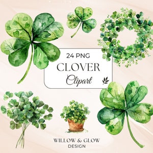 Clover Watercolor Clipart - Lucky Clover - Shamrock Clip Art - Aquarela Greenery - Ilustração de primavera - Download instantâneo - Uso comercial