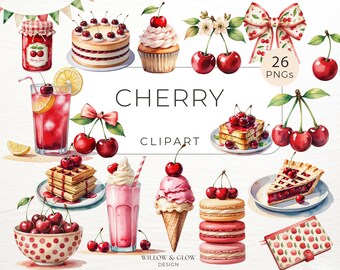 Cherry Clipart Pack - 26 Watercolor Cherries, Desserts & Coquette Summer Designs - Fruit, Pie and Baking PNGs - Cherry Ice Cream, Waffles