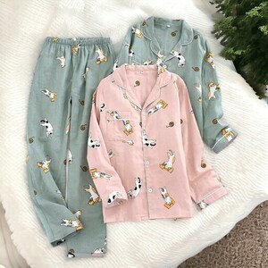 Ladies Pajamas Set- Couples 100% Gauze Cotton Cartoon Cat Printed Pyjamas, 2Pcs Turn-down Neck Shirt+Pants Comfort Nature Sleepwear