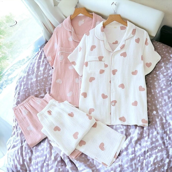 3 couleurs Nouveau pyjama printemps été pour femme - Ensemble de vêtements d'intérieur en crêpe de coton 100% gaze, impression d'amour pour la maison, costumes de maison simples et frais pour femmes en deux pièces